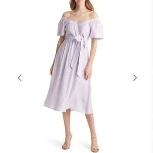 Vici Lilac Lavender Jacquard Off Shoulder Faux Wrap Midi Dress NWT XS